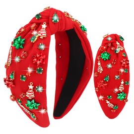 YARIEW Christmas Headbands for Women Christmas Tree Red Green Xmas Bow Jeweled Crystal Xmas Headband Hair Accessories Holiday Decorations