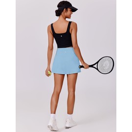 PINSPARK Womens Athletic Skirt High Waisted Mini Tennis Skorts with Pockets Solid Running Skirt Golf Workout Skater, Light Blue Medium
