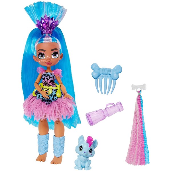 Mattel Cave Club Tella Doll (10-inch, Blue Hair) Poseable Prehistoric Fashion Doll with Dinosaur Pet and Accessories, Gift for 4 Year Olds and Up [], Multi (GNM11)