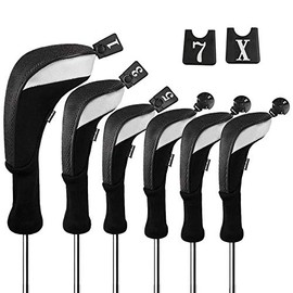 Andux Golf Headcover Set Long Neck (3 Hybrid Covers + 3 Wooden Covers) Black
