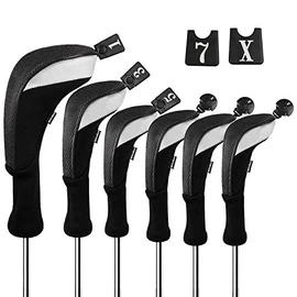 Andux Golf Headcover Set Long Neck (3 Hybrid Covers + 3 Wooden Covers) Black