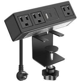 CCCEI Desk Clamp Power Strip with PD 3.0 Fast Charging USB C Port, on Desktop Mount Widely Spaced Outlet 6 FT Flat Plug, Fit 1.6 inch Tabletop Edge Thick, 125V 12A 1500W (Black)