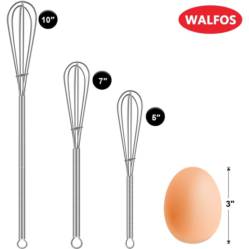 Walfos Mini Whisk,304 Stainless Steel Small Whisk, 5+7+10in Wisking Tool