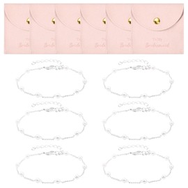 DEEKA 12 Pcs Jewelry Bridesmaid Gifts Microfiber Small Jewelry Bags Pouch & Pearl Bracelet Set of 6 Jewelry Packaging Bridesmaid Proposal Gift Wedding Favors Bridal Party Favors Gifts (Pink Silver)