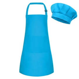 BOUBONI Kids Apron and Chef Hat Set Adjustable Cooking Art Apron with 2 Pockets Toddler Chef Hat and Apron for Cooking Baking and Painting, D-blue