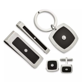 Chisel Black Enamel & CZ Key Ring, Money Clip, Cuff Link & Tie Bar Boxed Set