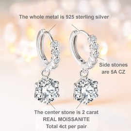 2-6CT Moissanite Hoop Earrings for Women, 6P D Color Ideal Cut 925 Sterling Silver Simulated Diamond Dangle Earrings with Certificate of Authenticity (2CT)