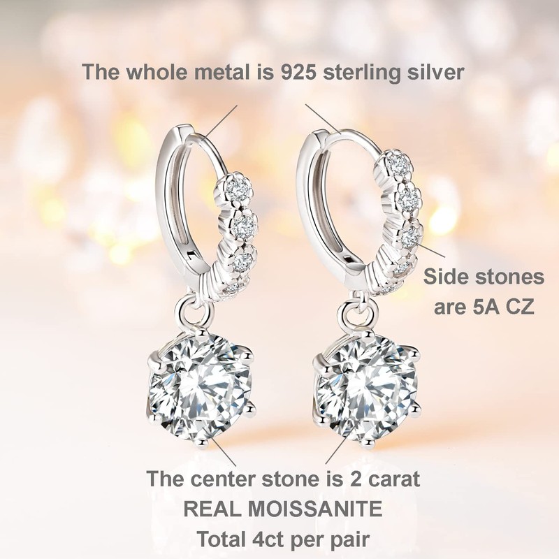 2-6CT Moissanite Hoop Earrings for Women, 6P D Color Ideal