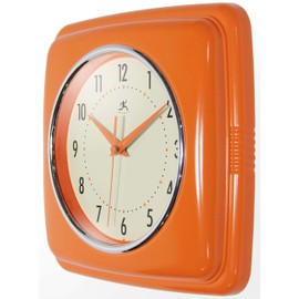 Infinity Instruments Square Silent Retro 9 inch Mid Century Modern Kitchen Diner Retro Wall Clock Quartz Sweep Movement (Orange) (13228OR-4103-AMZ)