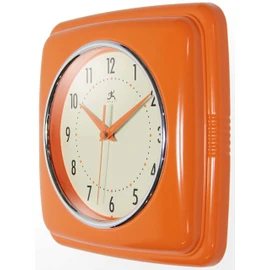 Infinity Instruments Square Silent Retro 9 inch Mid Century Modern Kitchen Diner Retro Wall Clock Quartz Sweep Movement (Orange) (13228OR-4103-AMZ)