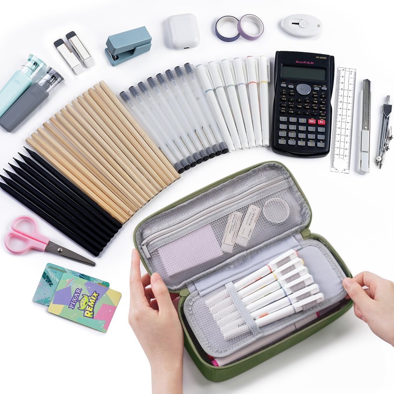 WEMATE Pencil Case, 5 Compartments, Large Capacity, Green