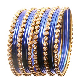 Touchstone "Colorful Collection Indian Bollywood Alloy Single Line Clear Rhinestone and Textured Royal Blue Color Bangle Bracelets Set of 18 in Antique Gold Tone for Women.