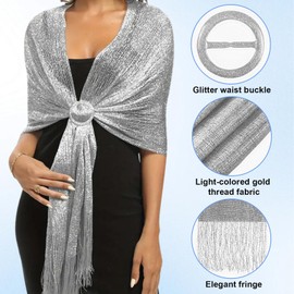 Debbery 2Pcs Sparkling Shawls and Wraps, Soft Sparkly Scarf with Buckle, Light Scarf with Tassel Design for Women, Shawl for Dinners, Parties, Bridesmaids, Dances（Black and Silver）