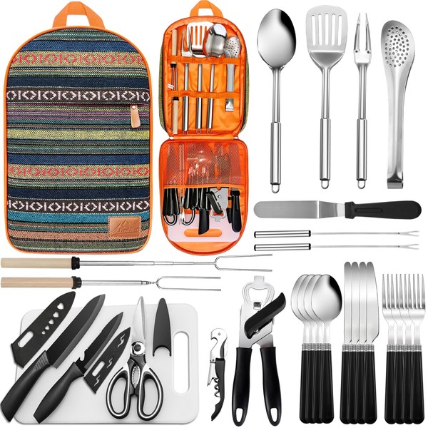 Portable Camping Kitchen Utensil Set-27 Piece Cookware Kit, Stainless Steel