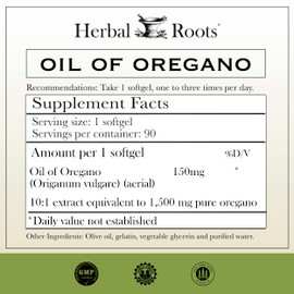 Herbal Roots Oil of Oregano - Made from Mediterranean Oregano Oil - 90 Easy to Swallow Softgel Capsules - Extra Strength 150mg