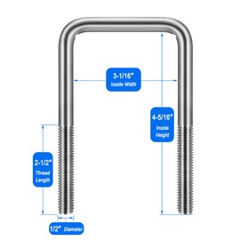 CenterZ 4 Sets Square U Bolts, 3 inch Wide 304 Stainless Steel U-bolt, 1/2" D x 3 1/16" W x 4 5/16" L, 2 1/2 inch Thread Length 4 U Bolt + 8 Nuts, 8 Lock and 8 Flat Washers for Boat Automobile Trailer