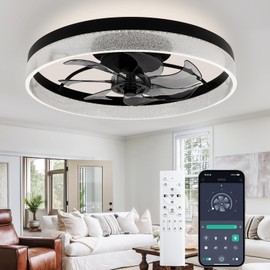 vookea 2 in 1 Ceiling Fans with Lights and Remote Flush Mount, 20” Bedroom Bluetooth Ceiling Fans with Lights, 3000-6500K Bladeless Chandelier Ceiling Fans with App Smart, 6 Speed, White