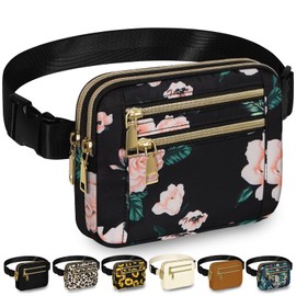 Capolo Fanny Packs for Women Fashion Waist Packs Bag with Adjustable Strap and 4 Zipper Pockets Waterproof Everywhere Crossbody Belt Bag for Workout Running Travelling(Black Flower)