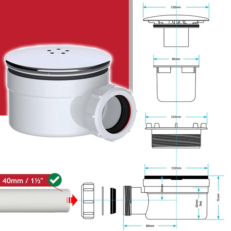 SPARES2GO Shower Trap for 90mm Tray Plug Hole 1.5" Luxury