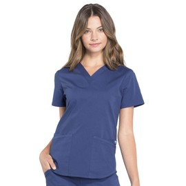 Cherokee Women Scrub Set Modern Fit 3 Pocket V-Neck Top WW665 with 6 Pocket Mid Rise Straight Leg Pants WW170, Navy- S Top/S Pant