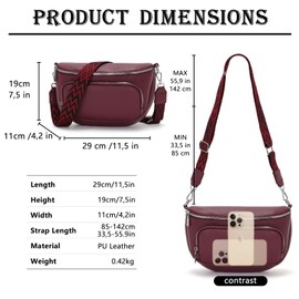 Boadlol Large Bum Bag Women's Shoulder Bag Crossbody Bag Shoulder Bag Chest Bag Lightweight with Multiple Compartments Adjustable, Gothic Red