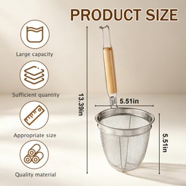 6 Pcs Stainless Steel Pasta Strainer Basket,5.5x5.5x13.7 inches Noodle Strainer with Wood Handle Mesh Spider Pasta Basket for Boiling Frying Food