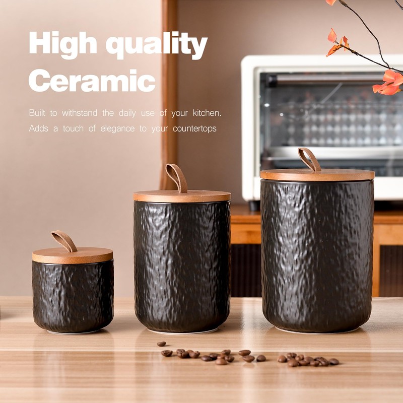 JOJUNO Black Ceramic Canister Set with Wooden Lid, 3-Piece Airtight