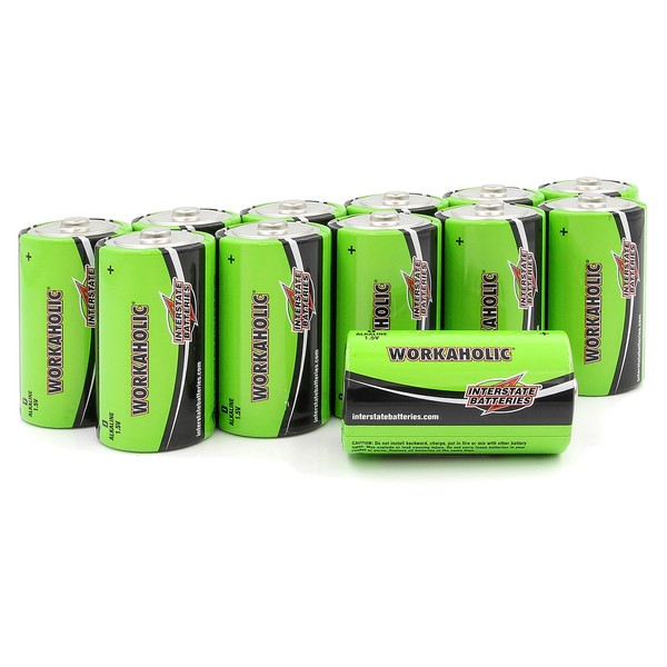 Interstate Batteries D Cell Alkaline Battery (12 Pack) All-Purpose 1.5V High Performance Batteries - Workaholic (DRY0085)
