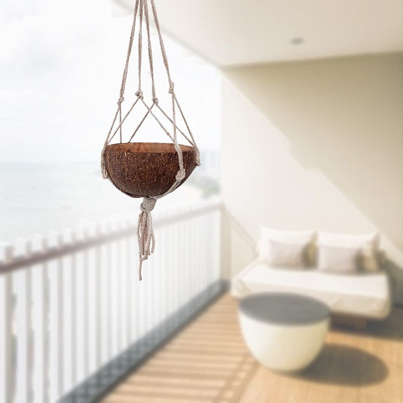 VIE Naturals Mini Coconut Shell Pot Holder, with a Macrame