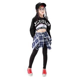 LOLANTA Girls' Hip Hop Dance Costumes Drop Shoulder Long Sleeve Crop Top + Plaid Skirt Pants + Vest (Black, 8-10)