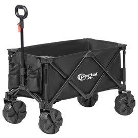 PORTAL Collapsible Folding Utility Beach Wagon Carts Heavy Duty with All Terrain Wheels for Outdoor, Camping, Garden, Shopping, Groceries, Foldable, Large Capacity, Portable, Black