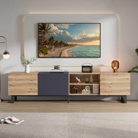 Merax Modern TV Stand for TVs up to 80 Inches, 70" Large Entertainment Center with 3 Cabinets & Open Shelves, Wood & Metal Media Console for Living Room, Bedroom, Home Theater