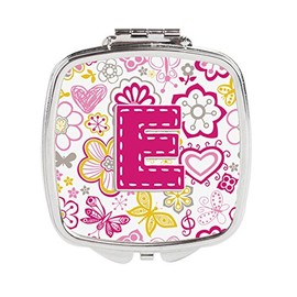 Caroline's Treasures Letter E Flowers and Butterflies Pink Compact Travel Mirrors, Multicolor