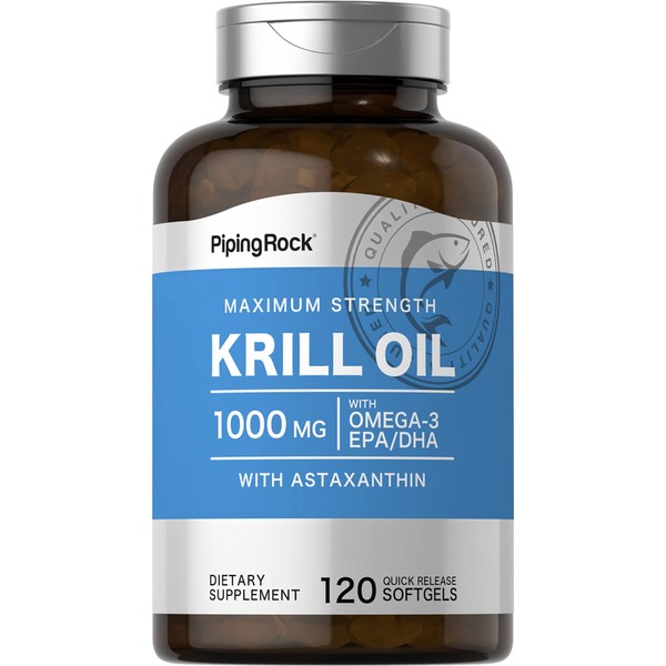 Piping Rock Krill Oil 1000mg Softgels | 120 Count | Omega 3, EPA DHA Supplement | with Astaxanthin | Maximum Strength |Non-GMO, Gluten Free