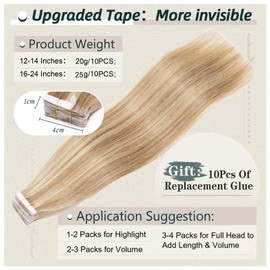 Benehair Tape-In Real Hair Extensions, 40 cm, Tape-In Hair Extensions, Invisible Real Hair Extension with Tapes, 100% Real Hair Silky Straight, 10 Pieces, 25 g, Flax Yellow Mixed Light Gold #12P613