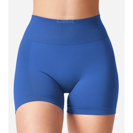 QOQ - Pantalones cortos de entrenamiento para mujer, pantalones cortos de cintura alta de 3.6 pulgadas, sin costuras, pantalones cortos para gimnasio, yoga, motociclista, Azul, Small