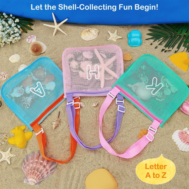 3Pcs Alphabet Printed Seashell Bags, Lightweight & Foldable Kids Beach