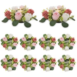 NUPTIO Flower Wedding Centerpieces for Tables - 10 Pcs 2.9 inch Inner Diam Small Dusty Rose & White Artificial Flowers Fake Roses Candle Rings Wreaths Spring Summer Wreath for Front Door