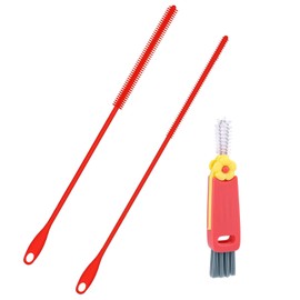 3pcs Silicone Straw Brush and Cup Lid Cleaning Brush, Ultra Long Straw Cleaning Brush Reusable Bendable Silicone Straw Cleaner Pipe Brush Cup Lid Cleaner for Cleaning Bottles Straws (6mm+8mm, Red)