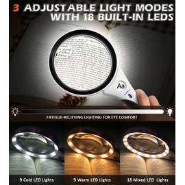 Rechargeable Magnifying Glass with Light, 10X 20X 45X Handheld Lighted Magnifier with 18 LED 3 Modes, 4.3" Anti-Glare Lens Magnifying Glassses for Seniors Reading Coins Close Work (Black)