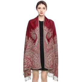 Pashmina Scarf Women Luxury Reversible Shawl Paisley Wrap Blanket Scarves with Fringes 78.5'' X 27.5''(Red)