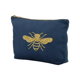 Pink Positive Velvet Navy Blue Bee Design Cosmetic Bags - Small Make Up Bag for Women - Elegant Makeup Bag Small Size for Travel and Daily Use