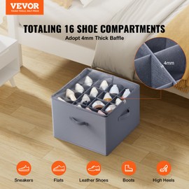 VEVOR Under Bed Shoe Storage Organizer, 1 Pack, 16 Compartments, Underbed Shoe Box Storage Containers Adjustable Dividers, Sandal Organizer Storage with Clear Window, Breathable, Reinforced Handles