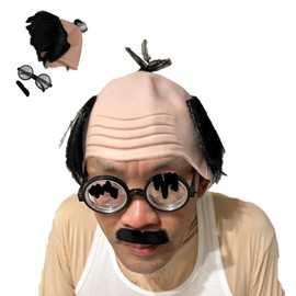ST TS Showa Old Man Bald Wig Thick-soled Glasses Eyewear Hilarious Cosplay Disguise Comedy Skit Humor Nostalgic Gag Halloween Goods Costume Accessory (Type 3)
