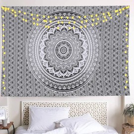 THE ART BOX Hippie Mandala Wall Hangings Ombre Large Tapestry Grey and White - 85x90 inch Indian Cotton Beach Throw Wall Blanket Bohemian Decor Tapestrys - Bedroom Aesthetic Tapestries