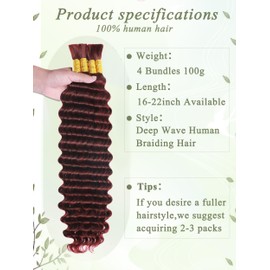 KULYMUWIG Burgundy Human Braiding Hair 20 Inch 100 g 4 Bundles Deep Wave Bulk Human Hair for Braiding 10A Curly Human Hair Extensions for Boho Braids Wet and Wavy Color 99J Red