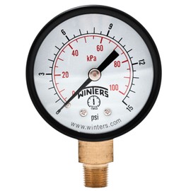 Winters 2 inch Dial Size, Economy Utility Dry Pressure Gauge, Brass Internals, Black Steel Case, Dual Scale 0-15 psi/kPa, 3-2-3% Accuracy, 1/8 inch NPT Bottom Mount, Multi Function Pressure Gauge