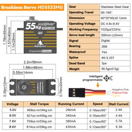 HobbyPark Waterproof RC Servo High Torque Brushless Motor Metal Gear Digital Servo Aluminum Case for 1/8 1/10 RC Crawler SCX10 TRX4 RC Truck Car Buggy RC Basher Control Angle 180° HV (55kg Torque)