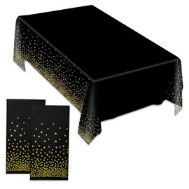 Jinlaili Pack of 2 Tablecloths, 137 x 274 cm, Gold Dot Tablecloth, Reusable, Tablecloth, Party, Birthday, Wedding Tablecloth, Plastic Tablecloths, Table Cloths, Oilcloth Tablecloth, Washable (Black)