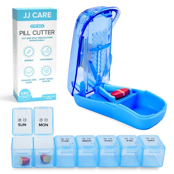JJ CARE Prescription Pill Cutters for Small or Large Pills - Stainless Steel Blade Pill Splitter Cutter, Tablets & Vitamins - Weekly Pill Slicer Box Organizer with Safety Shield Feature